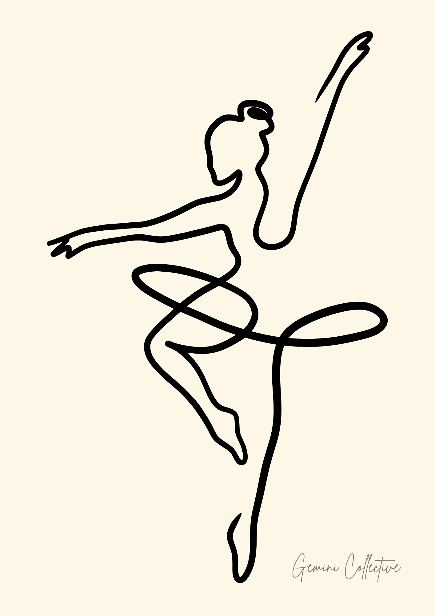 Line drawing of a dancer on a beige background