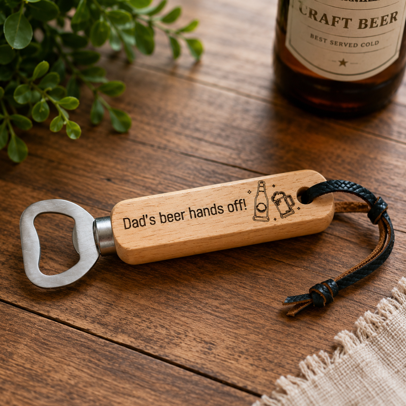 Hand-made wooden bottle opener with engraved text on a wooden surface with a beer bottle in the background.