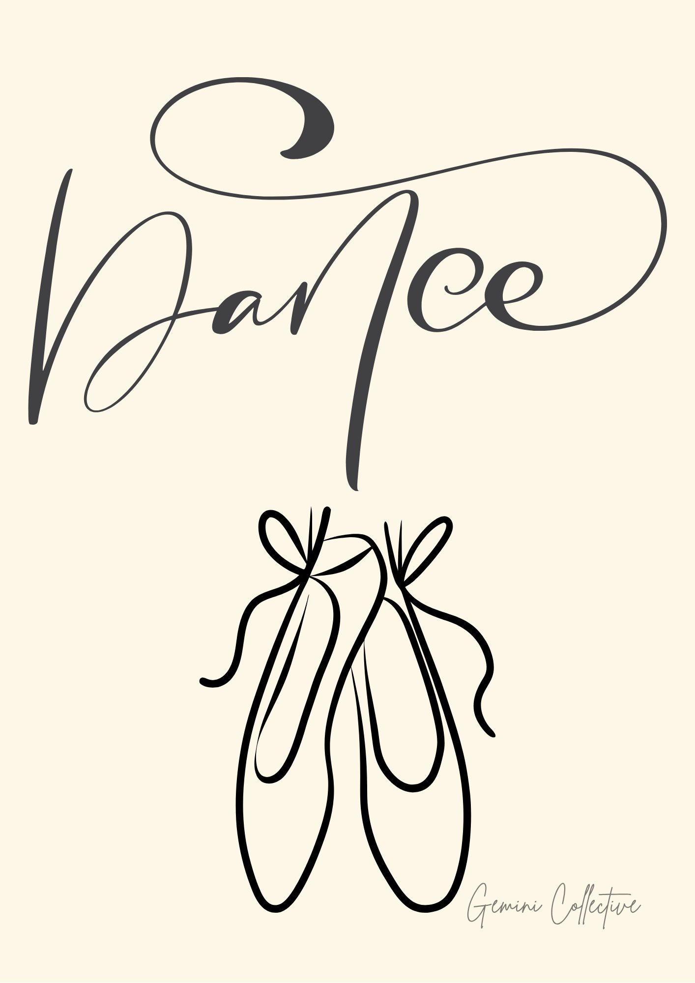 Dance-themed design with ballet shoes and the word 'Dance' on a beige background.