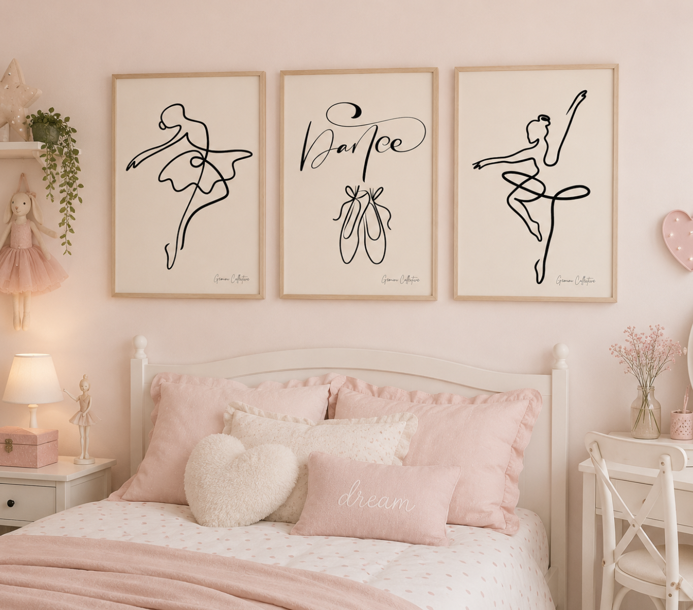 Bedroom with ballet-themed wall art and pink bedding