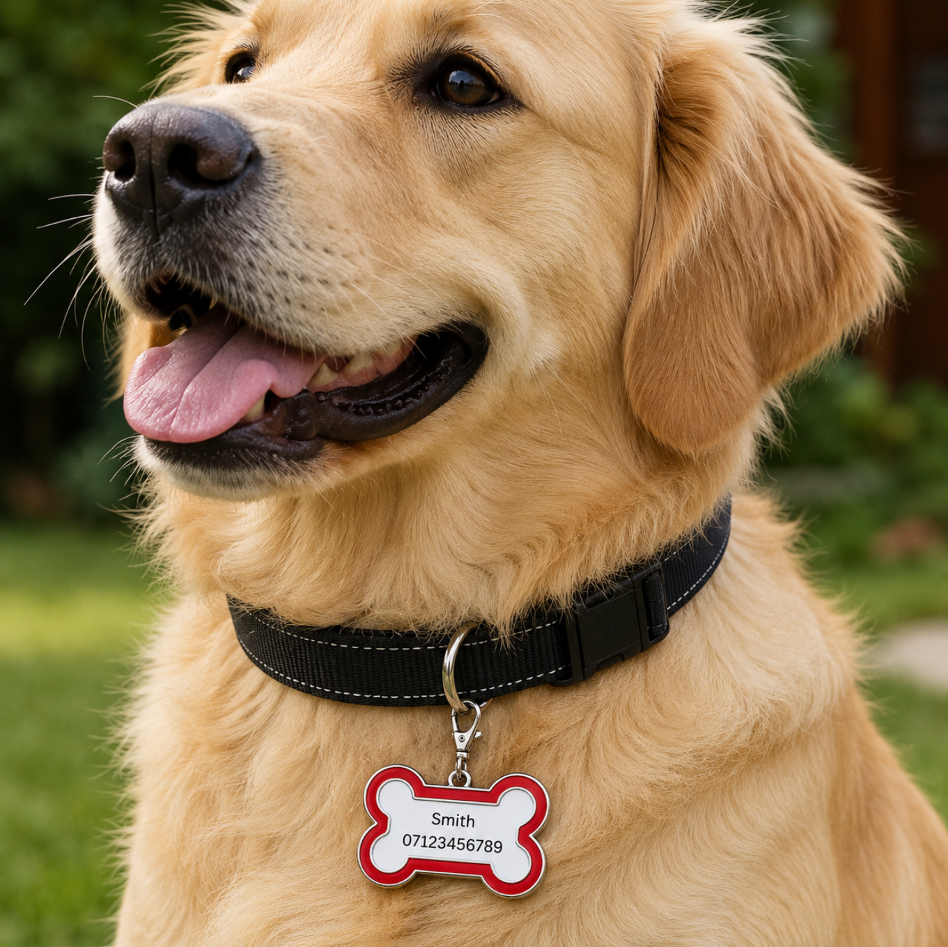 Dog wearing a black collar with a red and white bone-shaped tag outdoors.