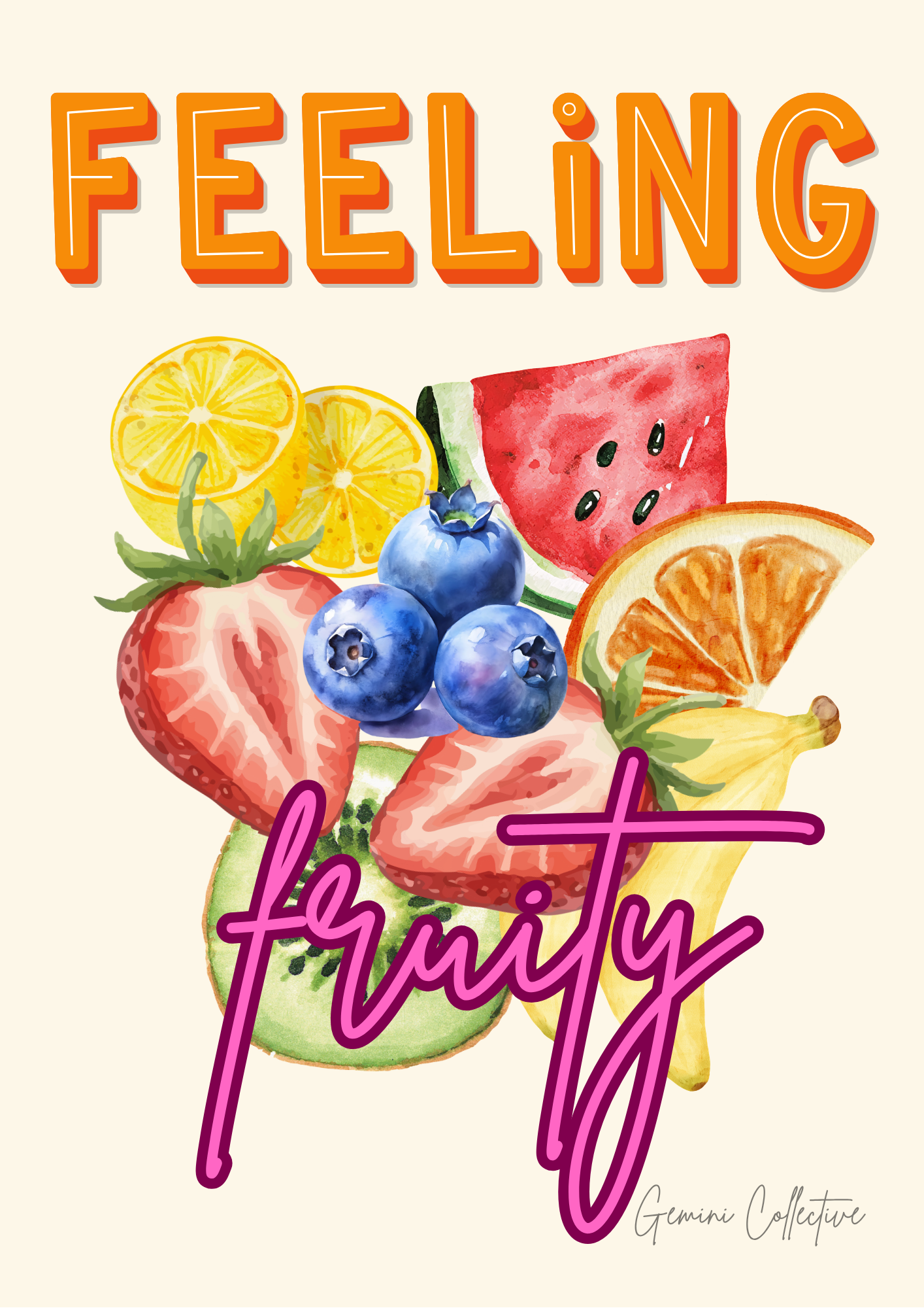 Fruit-themed design with 'Feeling fruity' text and colorful fruits on a white background.