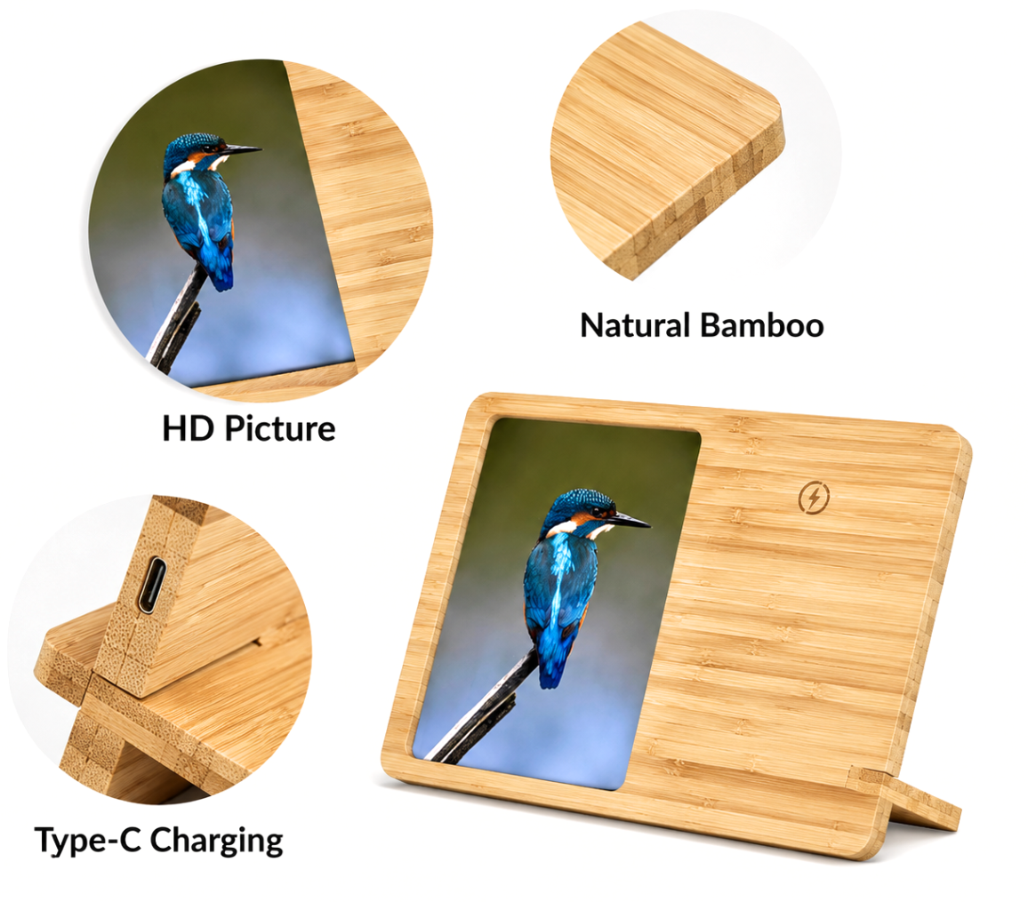 Bamboo phone stand with bird illustration, labeled features on a white background