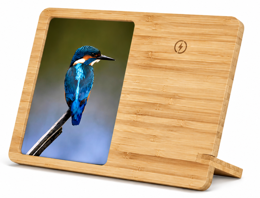 Wooden photo frame with a bird image on a white background