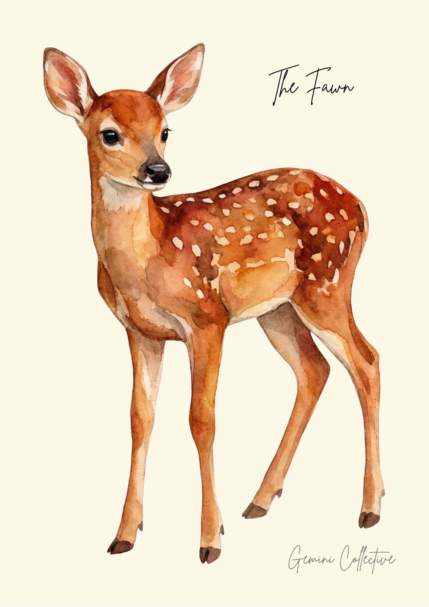 Watercolor illustration of a deer fawn on a beige background