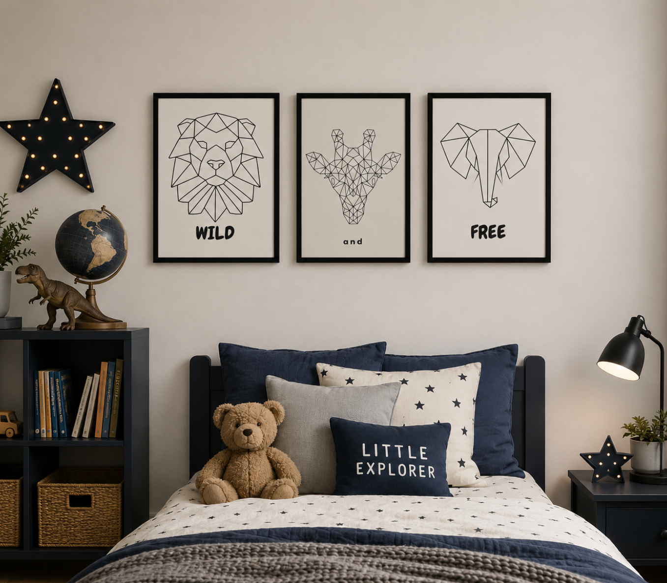 Children's bedroom with framed artwork on the wall and a teddy bear on the bed.