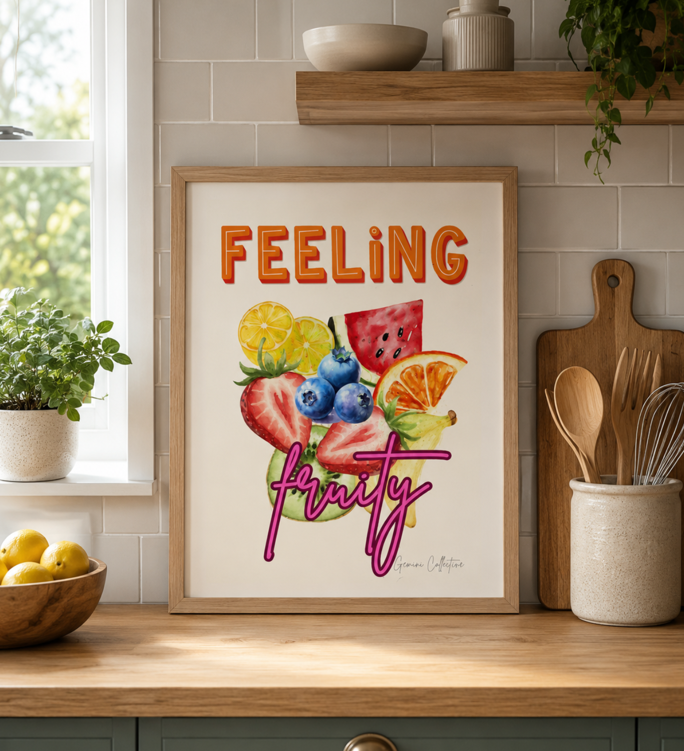 Framed artwork with colorful fruits and 'Feeling Fruity' text on a kitchen counter.